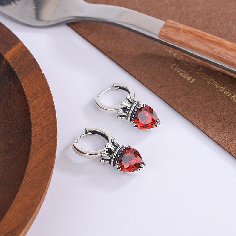 S925 Sterling Silver Crown Heart Vintage Earrings