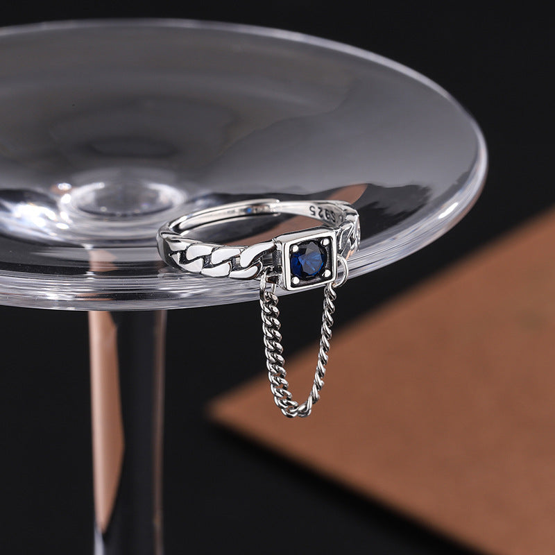 S925 Sterling Silver Vintage Fashion Simple Personality Design Chain Square Inlaid Zircon Ring