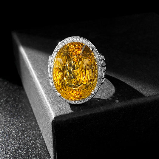 Light And Extravagant Wind Jewelry Large Denier Natural Citrine Ring S925 Silver Set Crystal