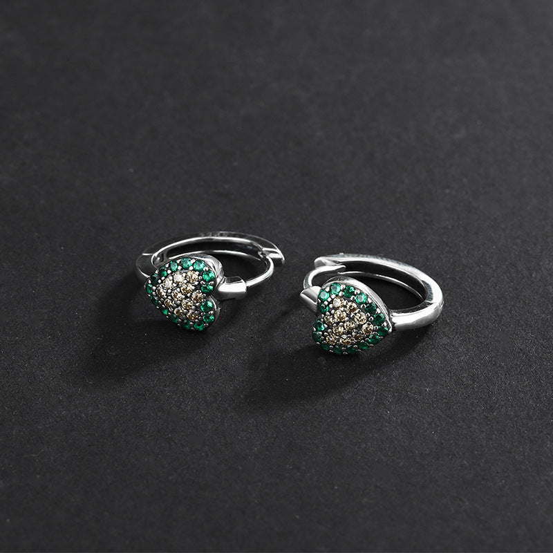 Green Full Diamond S925 Love Earrings Female Small And Delicate Earrings