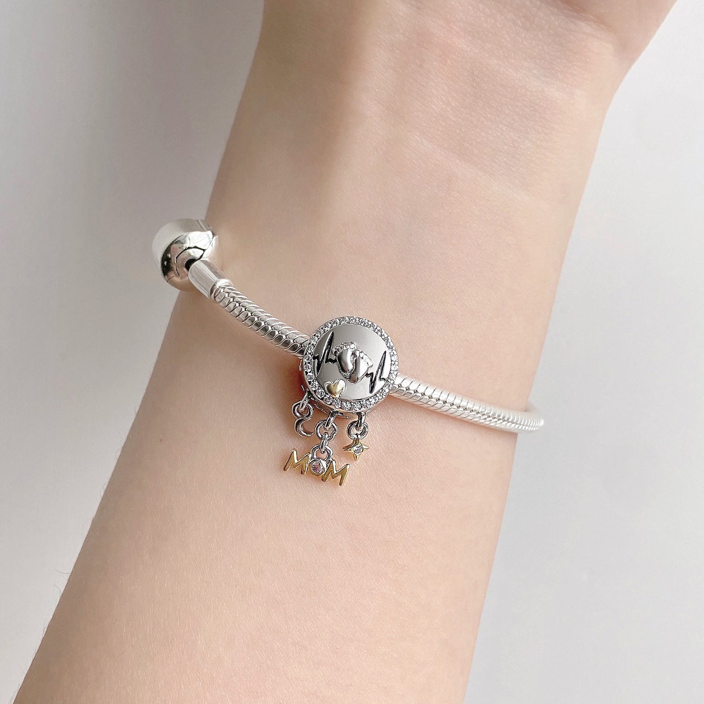 S925 Sterling Silver Heartbeat Footprint Beads Mother's Day Bracelet Necklace Diy Beads Silver Accessories