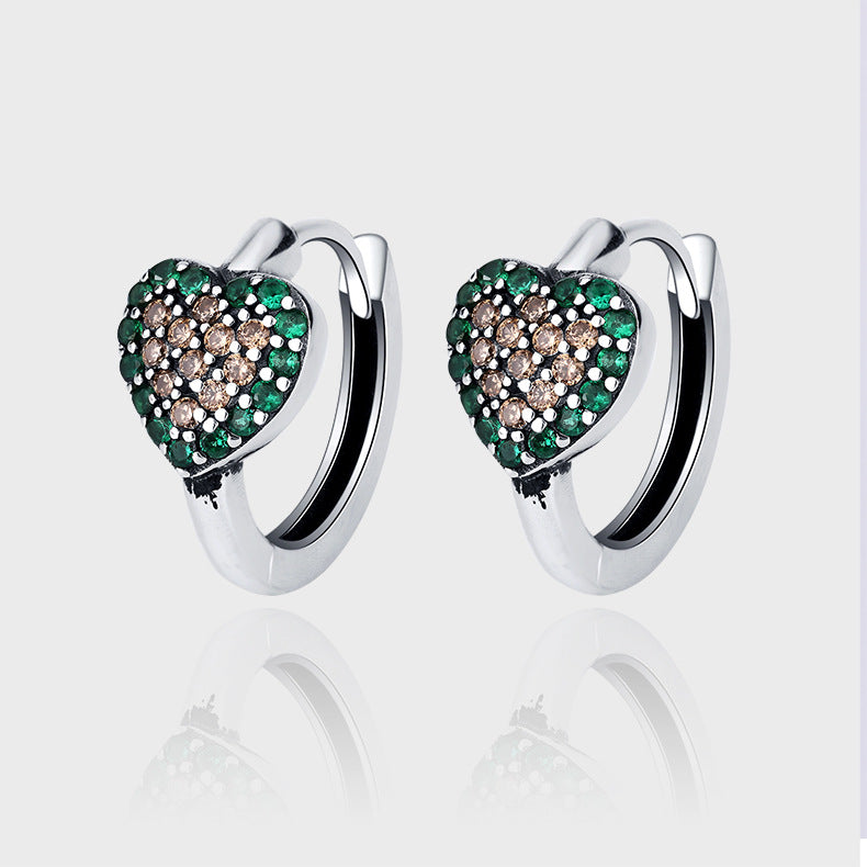 Green Full Diamond S925 Love Earrings Female Small And Delicate Earrings