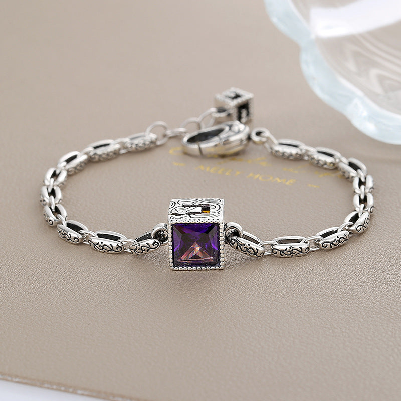 S925 Sterling Silver Letter G Purple Zircon Vintage Bracelet