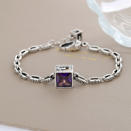 S925 Sterling Silver Letter G Purple Zircon Vintage Bracelet