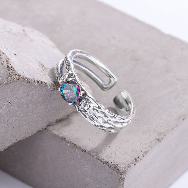 S925 Sterling Silver Colorful Zircon Hollow Irregular Texture Ring