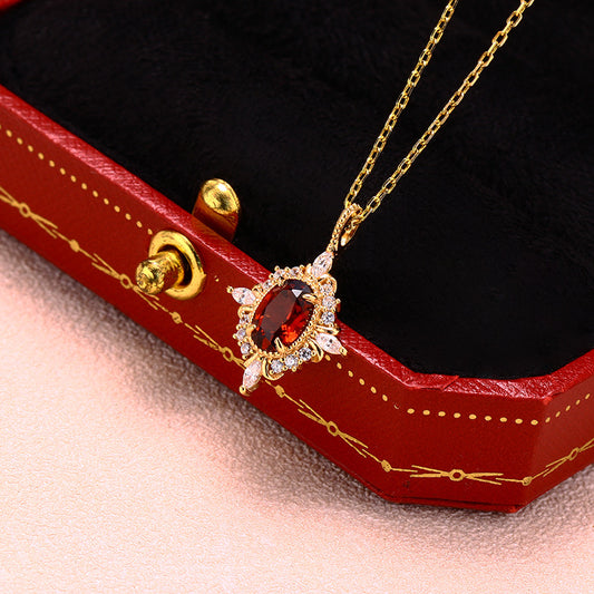 Retro Light Luxury Cross Star Garnet Pendant Necklace