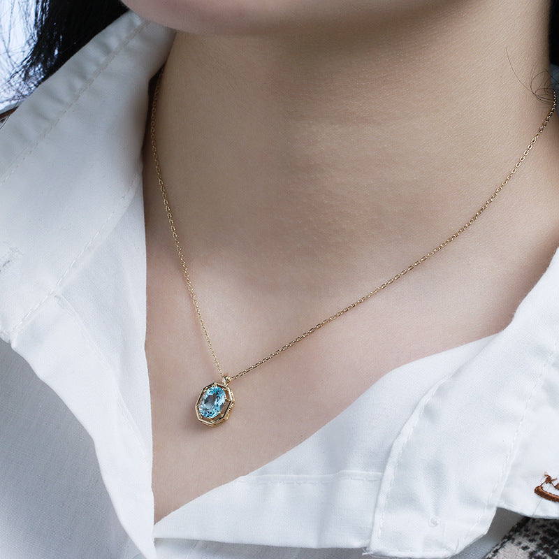 Silver Vintage Sky Blue Topaz Necklace Clavicle Chain Women
